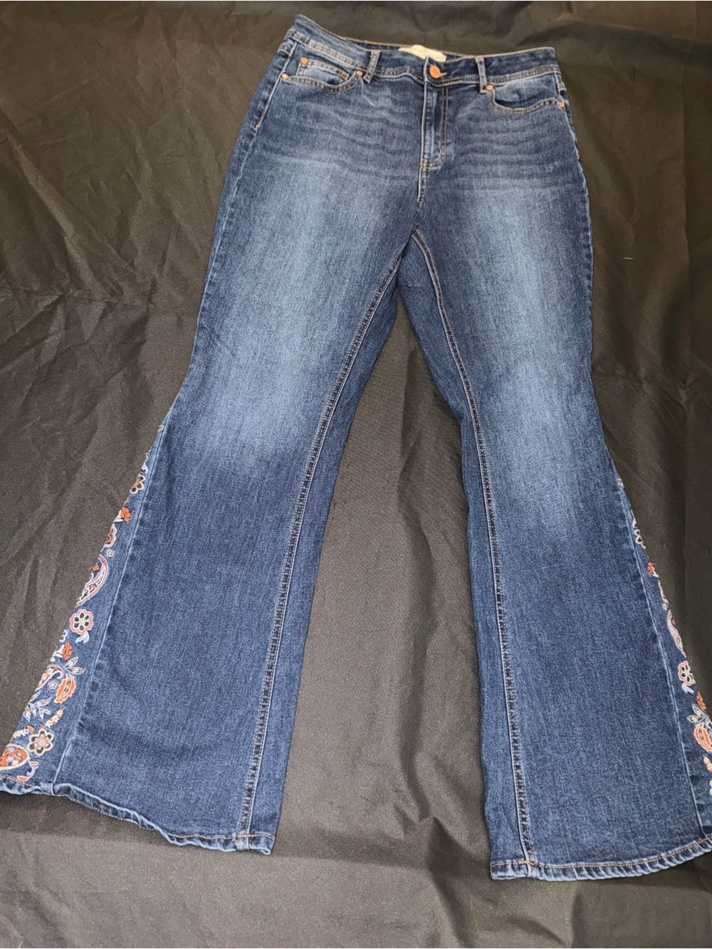 Cato Dark Blue Flare Jeans with Peach & Cream Embroidery - Picture 2 of 5